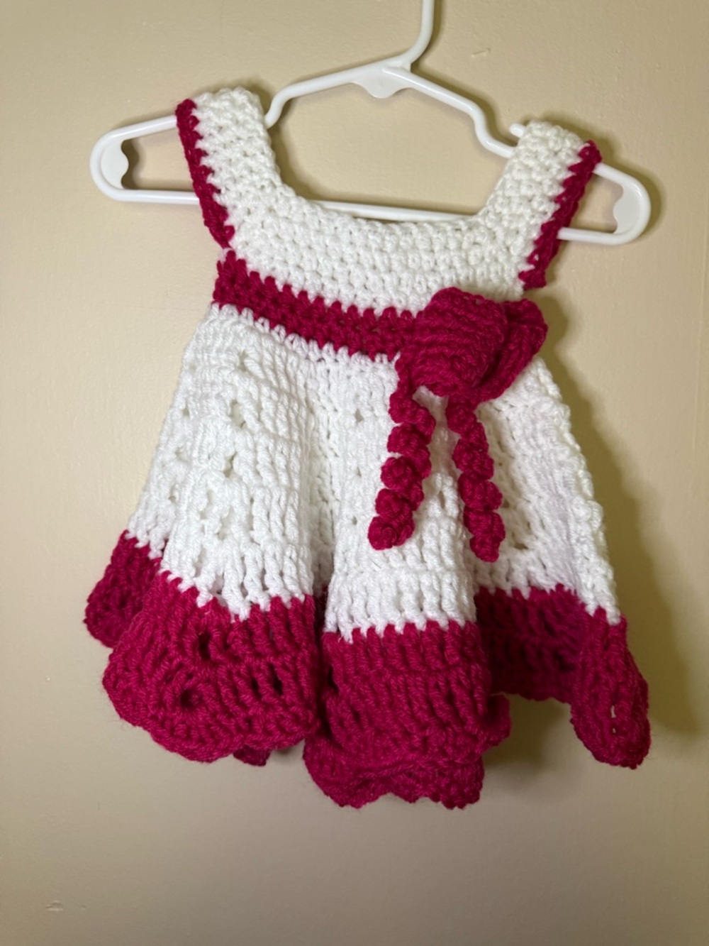 Hand Crafted Kids Crochet Dress - White and Dark Pink